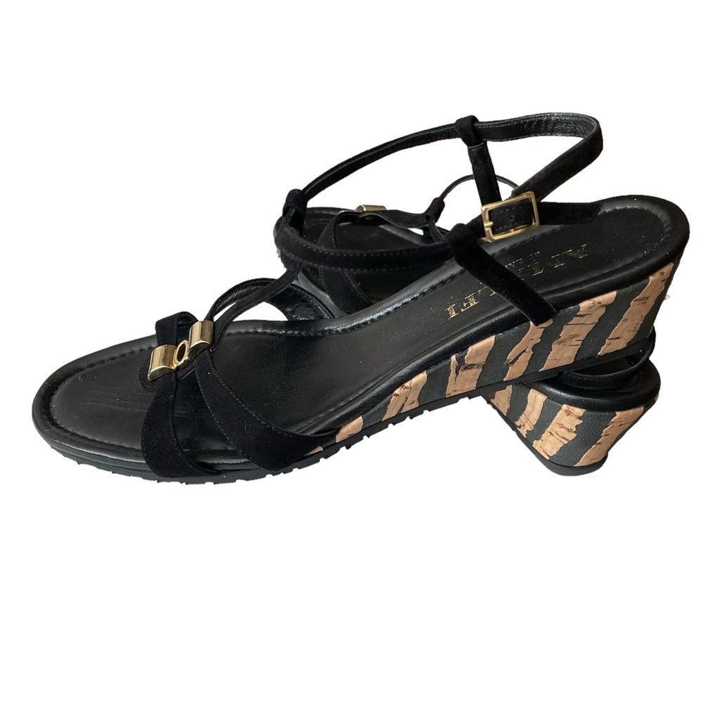 Amalfi Black Velvet T-Strap Gold Animal Print Cork Wedge Sandal Women's  9.5N